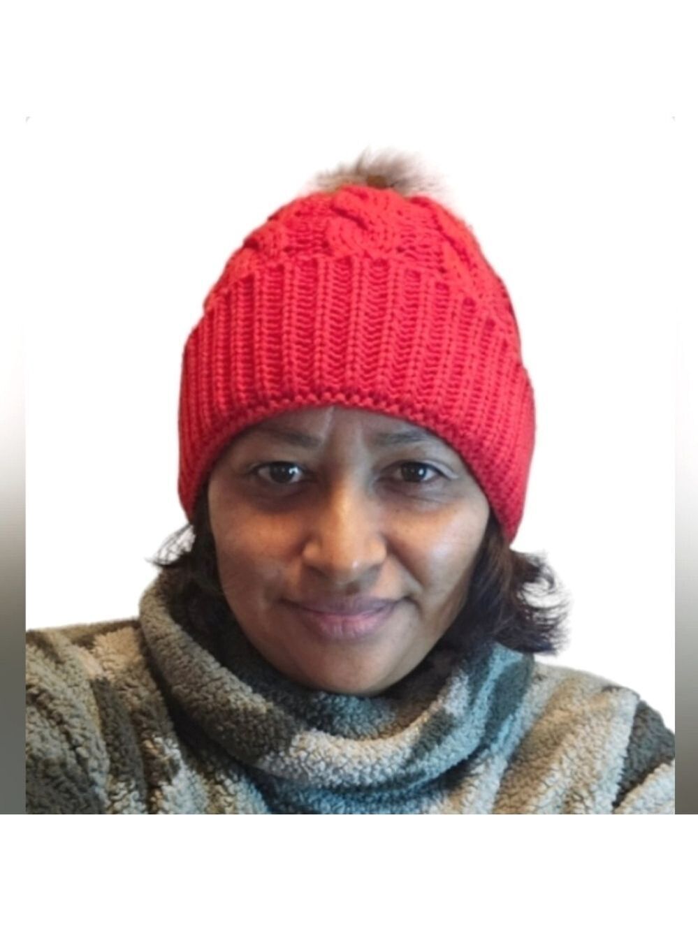 Handmade Knitted Winter Hat Red Faux Fur Pom Pom Beanie